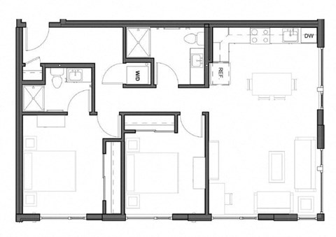 Floor plan for 2 beds, 2 baths, 990 sqft